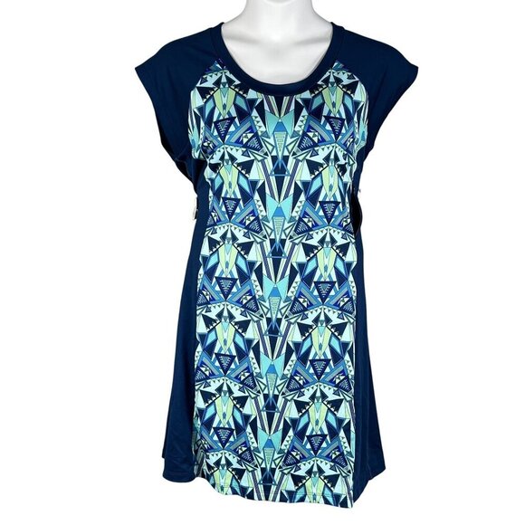 Title Nine Women XL Sleeveless Tunic Dress Blue Green Geometric Print Athleisure - Picture 1 of 14